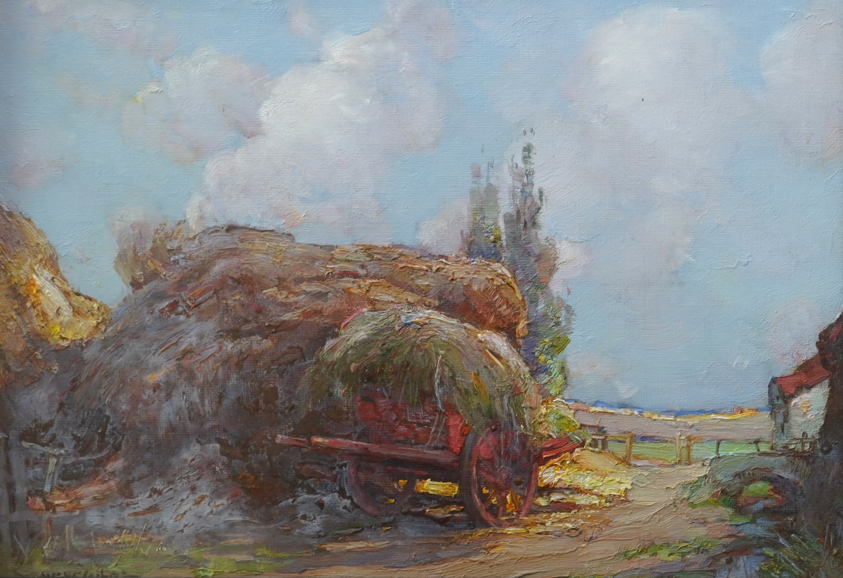 William Watt Milne, 1865-1951, A haycart beside a haystack in a farmyard